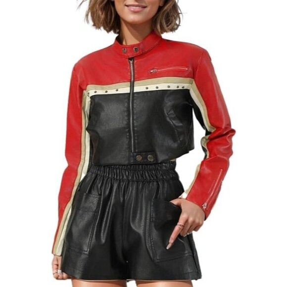 Women's PU Faux Leather Cropped Coat Casual Button Front Jacket